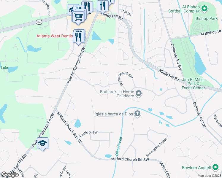 map of restaurants, bars, coffee shops, grocery stores, and more near 2385 June Springs Drive Southwest in Marietta