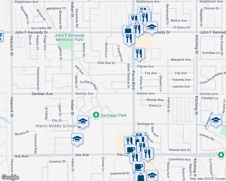 map of restaurants, bars, coffee shops, grocery stores, and more near 24841 Quenada Drive in Moreno Valley