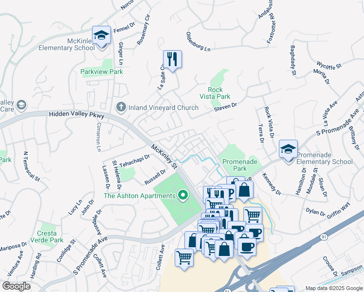 map of restaurants, bars, coffee shops, grocery stores, and more near 2235 Indigo Hills Drive in Corona