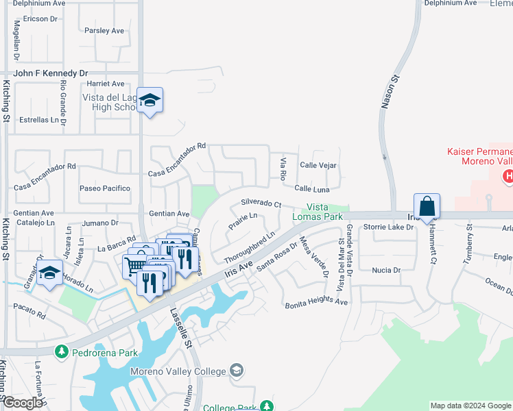 map of restaurants, bars, coffee shops, grocery stores, and more near 26469 Silverado Court in Moreno Valley