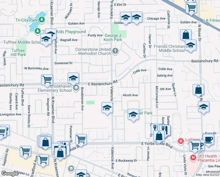 map of restaurants, bars, coffee shops, grocery stores, and more near 1826 Browerwoods Place in Placentia