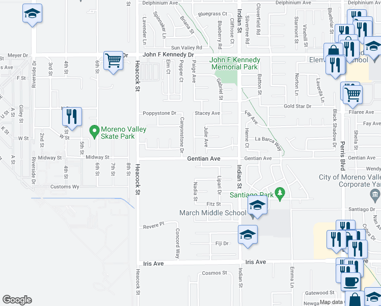 map of restaurants, bars, coffee shops, grocery stores, and more near 15481 Theresa Avenue in Moreno Valley
