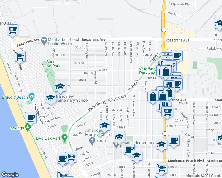 map of restaurants, bars, coffee shops, grocery stores, and more near 2615 Pacific Avenue in Manhattan Beach
