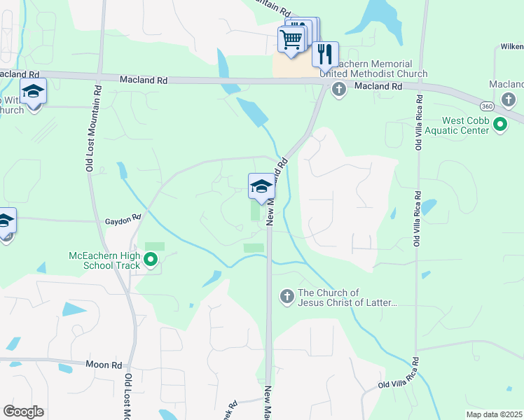 map of restaurants, bars, coffee shops, grocery stores, and more near 2400 New Macland Road in Powder Springs