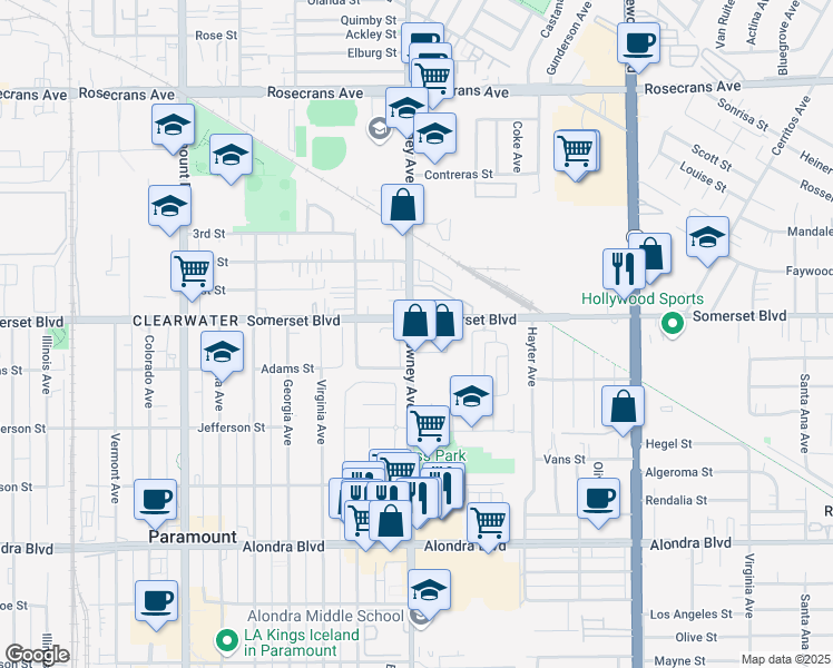 map of restaurants, bars, coffee shops, grocery stores, and more near 15128 Downey Avenue in Paramount