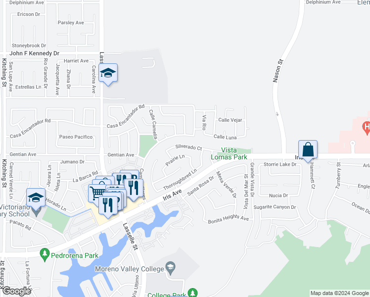 map of restaurants, bars, coffee shops, grocery stores, and more near 26469 Silverado Court in Moreno Valley
