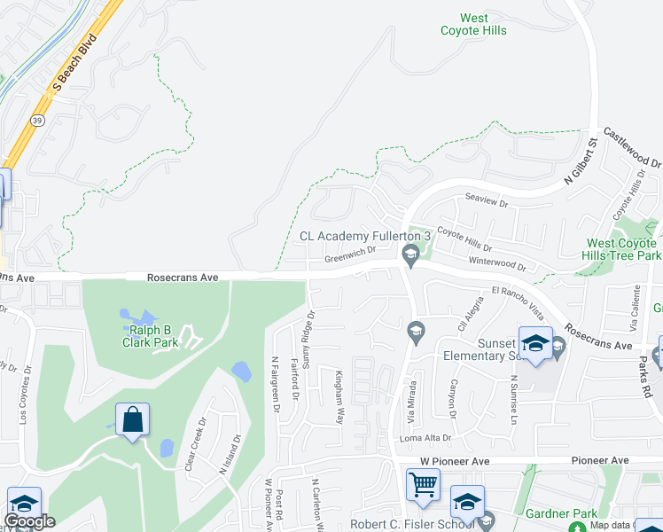 map of restaurants, bars, coffee shops, grocery stores, and more near 2518 Greenwich Drive in Fullerton