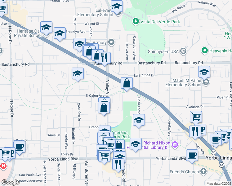map of restaurants, bars, coffee shops, grocery stores, and more near 4514 Jamestowne in Yorba Linda