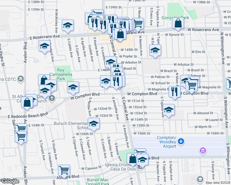 map of restaurants, bars, coffee shops, grocery stores, and more near 2017 West Compton Boulevard in Compton