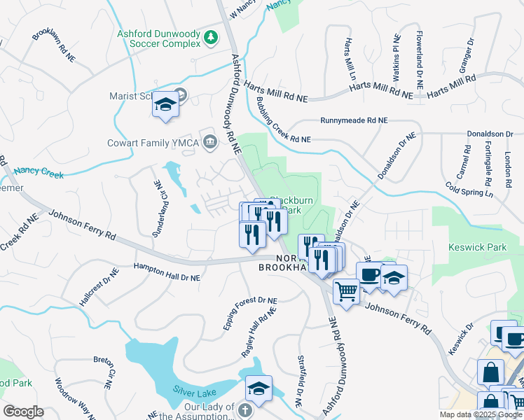 map of restaurants, bars, coffee shops, grocery stores, and more near 3566 Parkside Way in Brookhaven