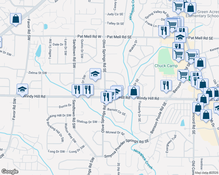 map of restaurants, bars, coffee shops, grocery stores, and more near 44 Larose Circle Southeast in Marietta