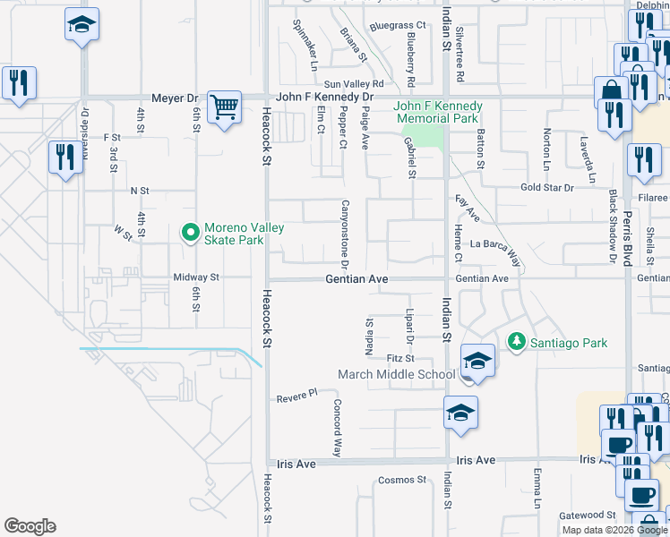 map of restaurants, bars, coffee shops, grocery stores, and more near 24201 Puddingstone Drive in Moreno Valley