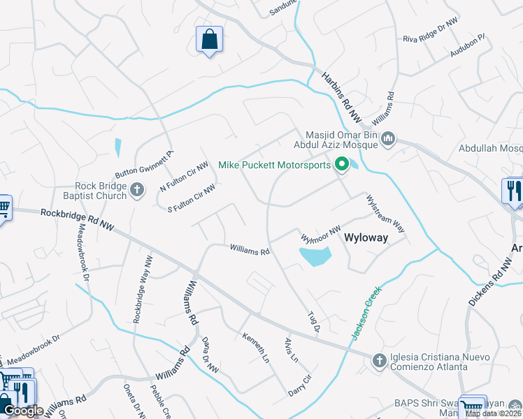 map of restaurants, bars, coffee shops, grocery stores, and more near 5687 Williams Road in Norcross