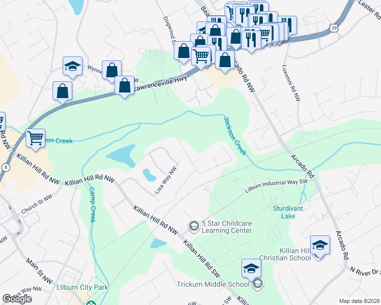 map of restaurants, bars, coffee shops, grocery stores, and more near 231 Timothy Lane Northwest in Lilburn