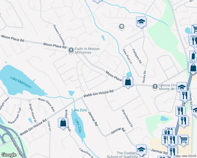 map of restaurants, bars, coffee shops, grocery stores, and more near 1956 Miramar Way in Snellville