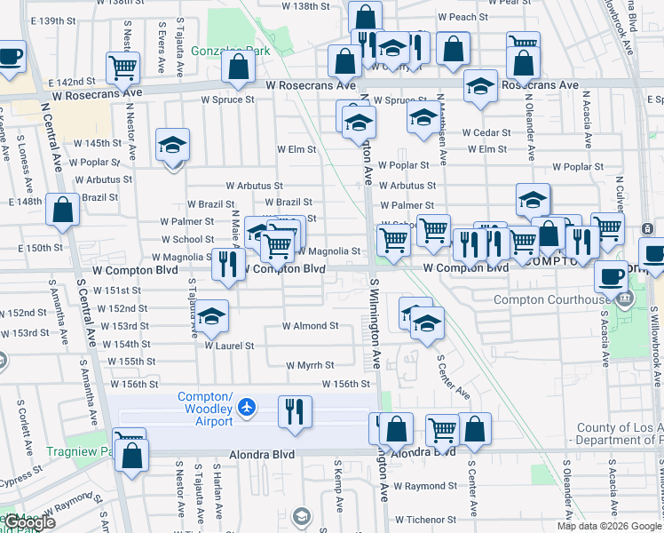 map of restaurants, bars, coffee shops, grocery stores, and more near 2 North Kemp Avenue in Compton