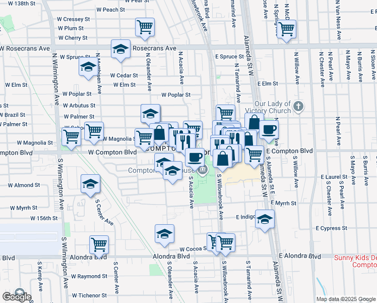 map of restaurants, bars, coffee shops, grocery stores, and more near 309 West Palm Street in Compton