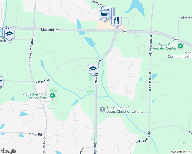 map of restaurants, bars, coffee shops, grocery stores, and more near 2400 New Macland Road in Powder Springs