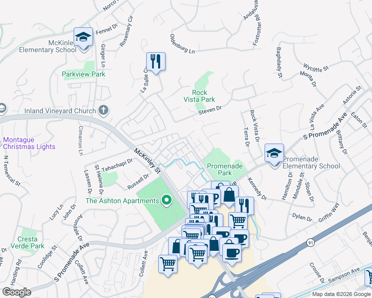 map of restaurants, bars, coffee shops, grocery stores, and more near 2270 East Treemont Place in Corona