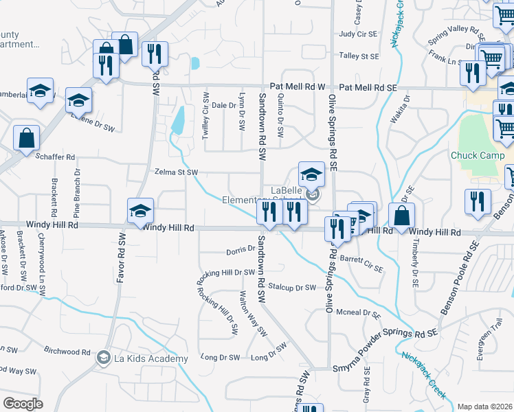 map of restaurants, bars, coffee shops, grocery stores, and more near 2350 Sandtown Road Southwest in Marietta