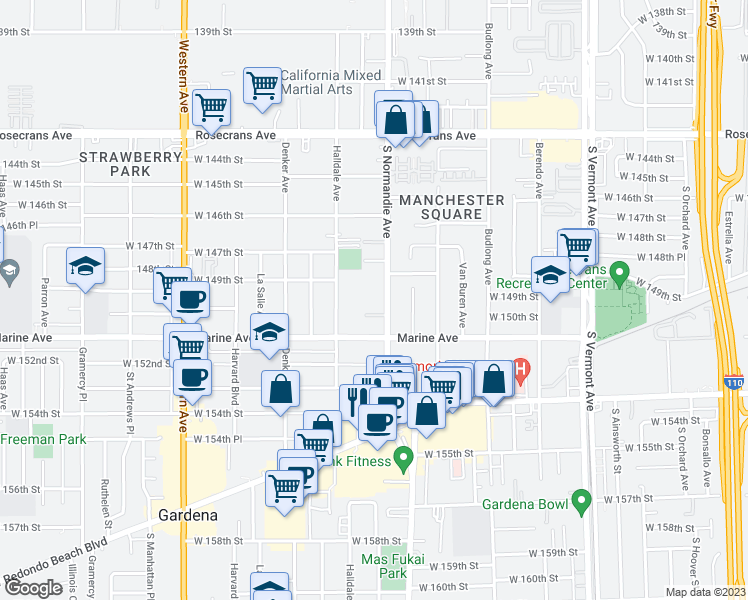 map of restaurants, bars, coffee shops, grocery stores, and more near 15005 Normandie Avenue in Gardena