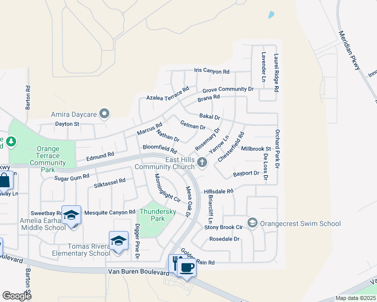map of restaurants, bars, coffee shops, grocery stores, and more near 8584 Rosemary Drive in Riverside