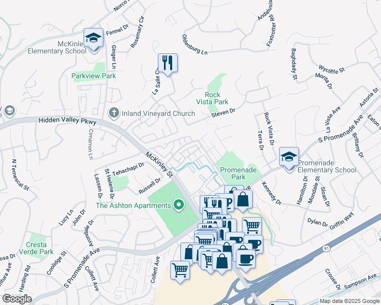 map of restaurants, bars, coffee shops, grocery stores, and more near 2265 Indigo Hills Drive in Corona