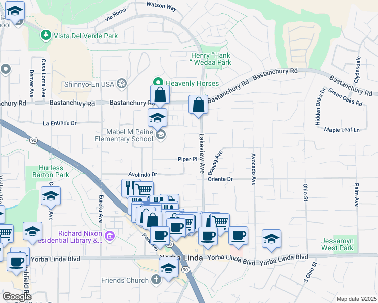 map of restaurants, bars, coffee shops, grocery stores, and more near 18381 Piper Place in Yorba Linda