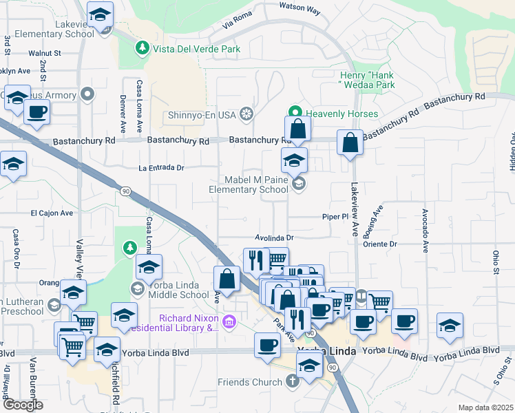 map of restaurants, bars, coffee shops, grocery stores, and more near 18128 Cari Lane in Yorba Linda