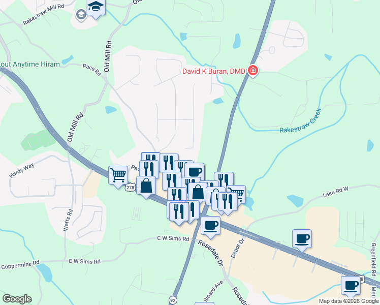 map of restaurants, bars, coffee shops, grocery stores, and more near 19 Crocker Lane in Hiram