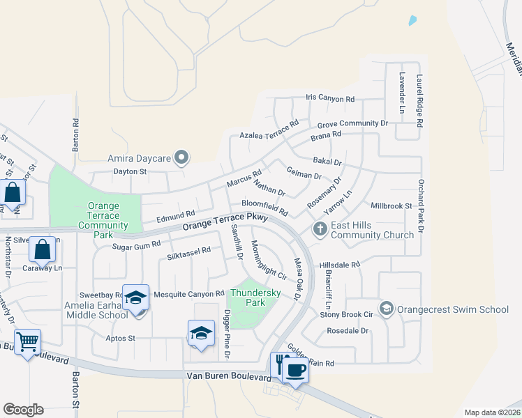 map of restaurants, bars, coffee shops, grocery stores, and more near 20600 Mesa Oak Drive in Riverside