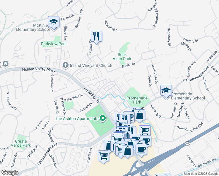 map of restaurants, bars, coffee shops, grocery stores, and more near 2225 Indigo Hills Drive in Corona