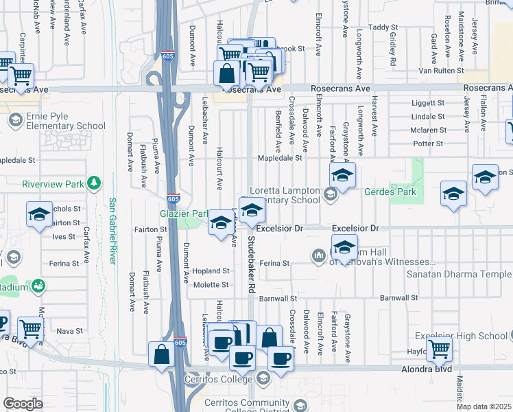 map of restaurants, bars, coffee shops, grocery stores, and more near 14826 Studebaker Road in Norwalk