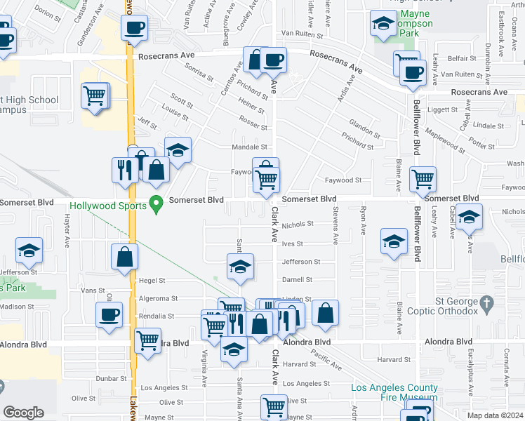 map of restaurants, bars, coffee shops, grocery stores, and more near 9317 Nichols Street in Bellflower