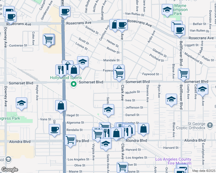 map of restaurants, bars, coffee shops, grocery stores, and more near 9317 Nichols Street in Bellflower