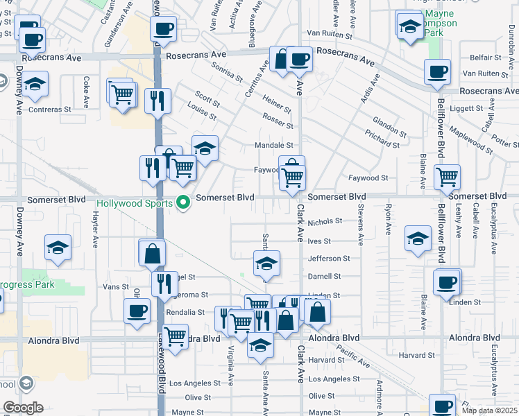 map of restaurants, bars, coffee shops, grocery stores, and more near 9239 Nichols Street in Bellflower
