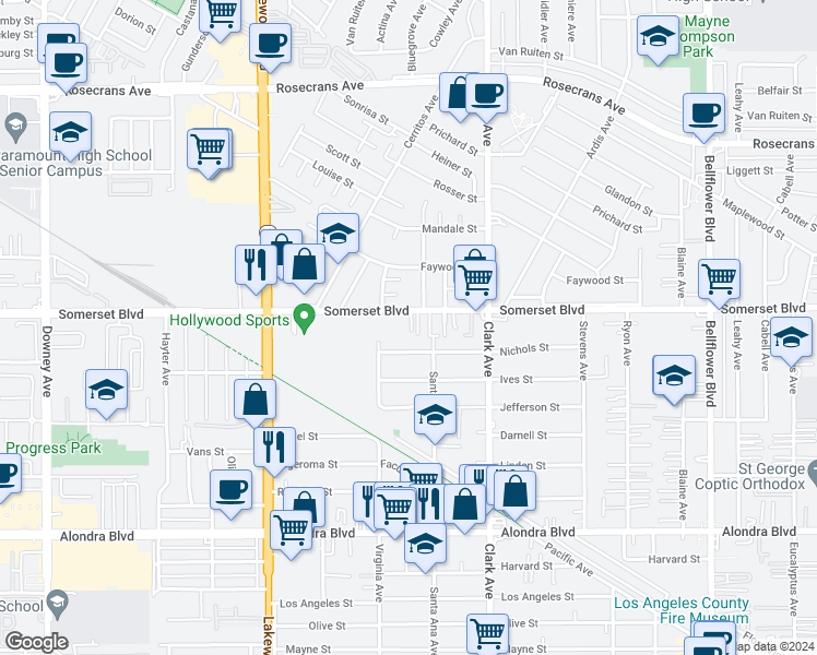 map of restaurants, bars, coffee shops, grocery stores, and more near 9239 Nichols Street in Bellflower