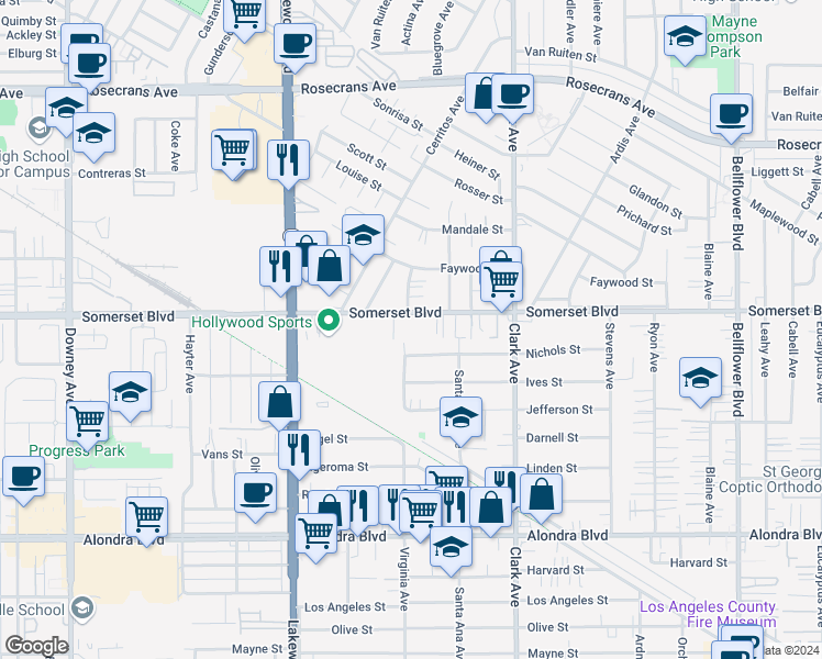 map of restaurants, bars, coffee shops, grocery stores, and more near 9203 Nichols Street in Bellflower