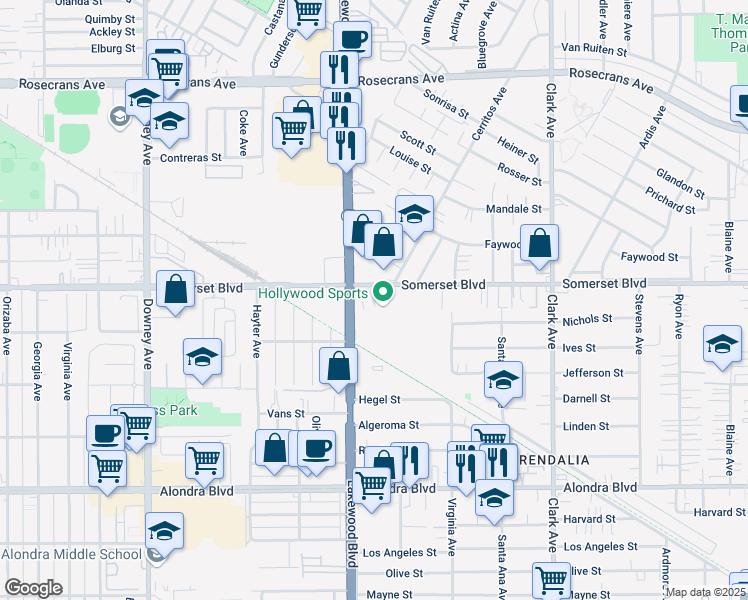 map of restaurants, bars, coffee shops, grocery stores, and more near 9030 Somerset Boulevard in Bellflower