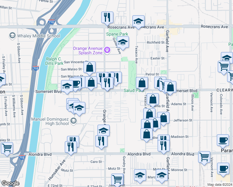 map of restaurants, bars, coffee shops, grocery stores, and more near 15131 Gundry Avenue in Paramount