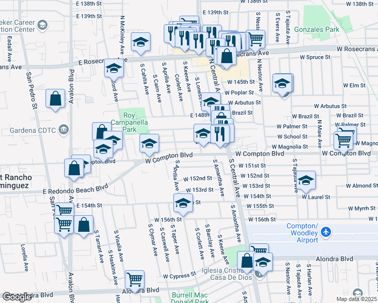 map of restaurants, bars, coffee shops, grocery stores, and more near 2406 West Compton Boulevard in Compton