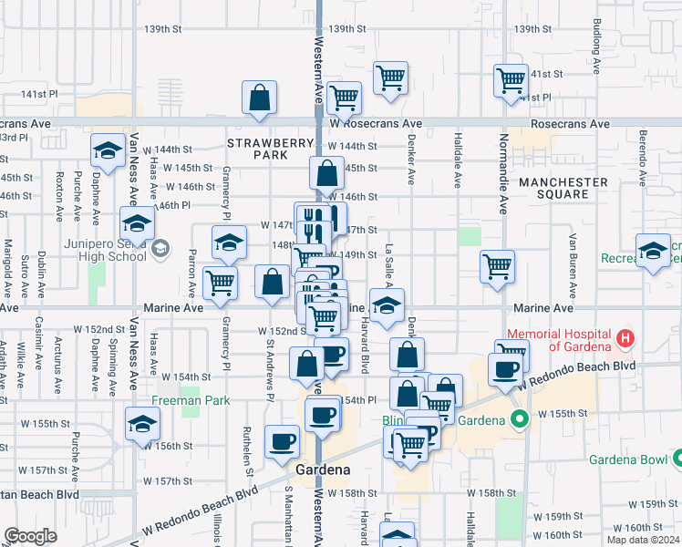 map of restaurants, bars, coffee shops, grocery stores, and more near 1734 West 150th Street in Gardena