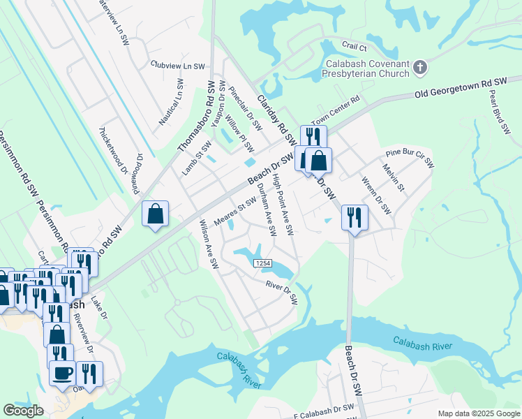 map of restaurants, bars, coffee shops, grocery stores, and more near 1119 Charlotte Avenue in Calabash