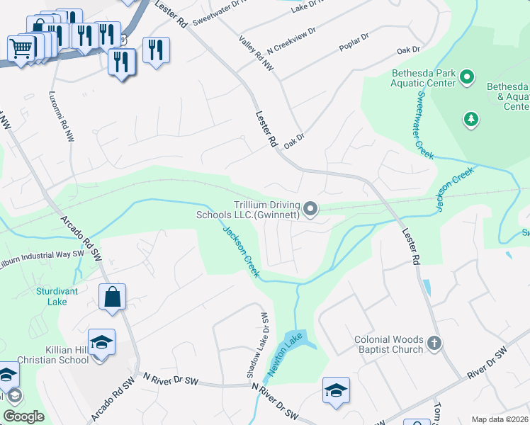 map of restaurants, bars, coffee shops, grocery stores, and more near 57 Resthaven Drive Southwest in Lawrenceville
