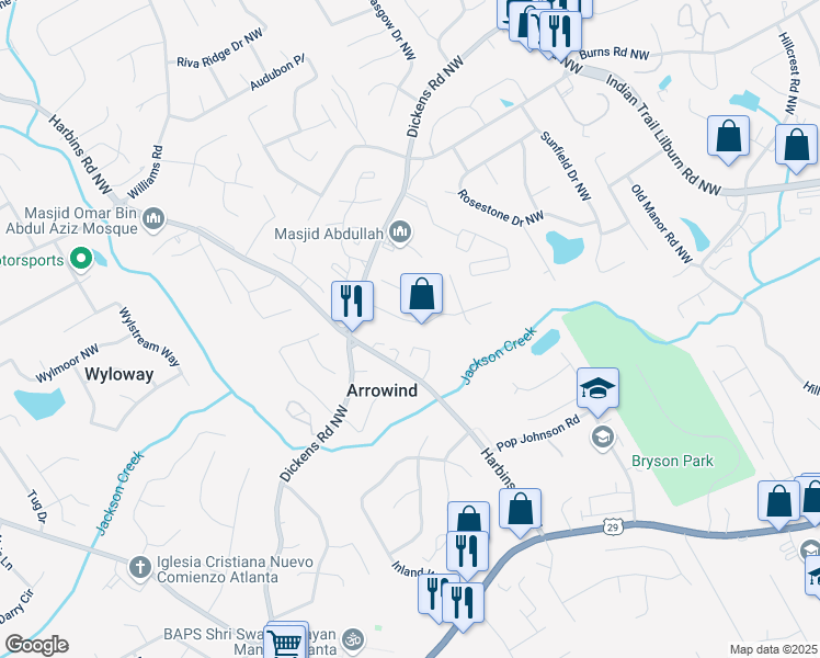 map of restaurants, bars, coffee shops, grocery stores, and more near 610 Durham Ridge Drive Northwest in Lilburn