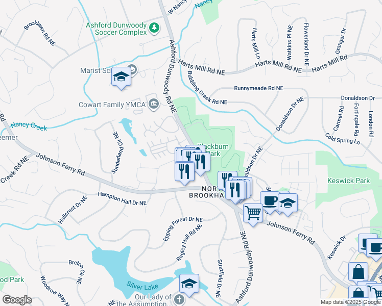 map of restaurants, bars, coffee shops, grocery stores, and more near 3566 Parkside Way in Brookhaven