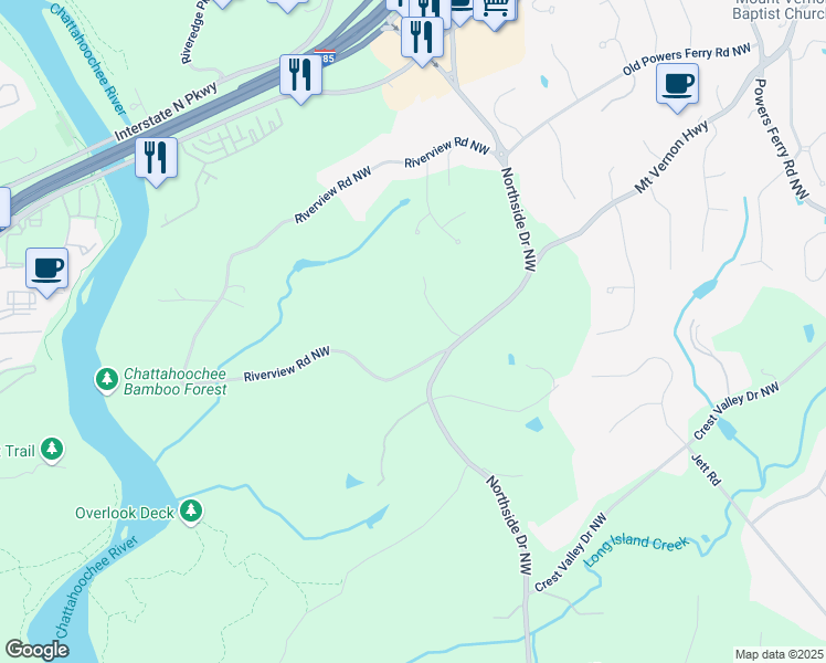 map of restaurants, bars, coffee shops, grocery stores, and more near 4665 Riverview Road Northwest in Atlanta