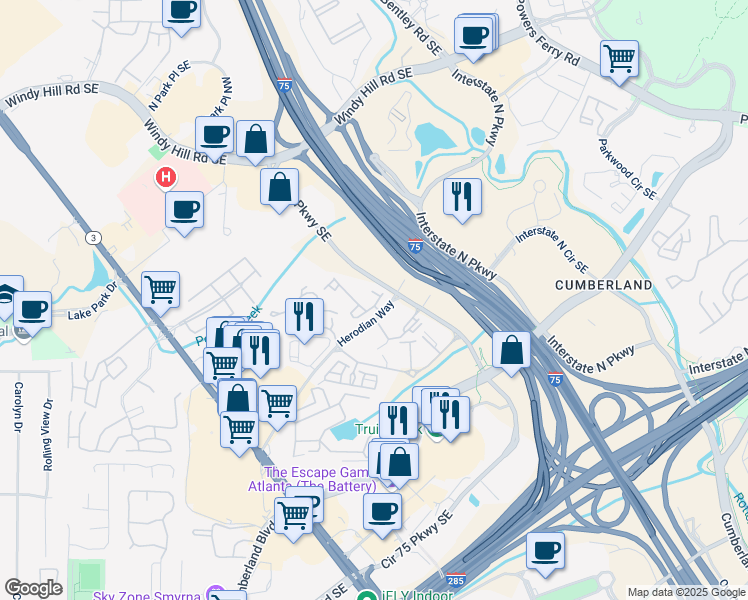 map of restaurants, bars, coffee shops, grocery stores, and more near 2801 Avington Lane in Smyrna