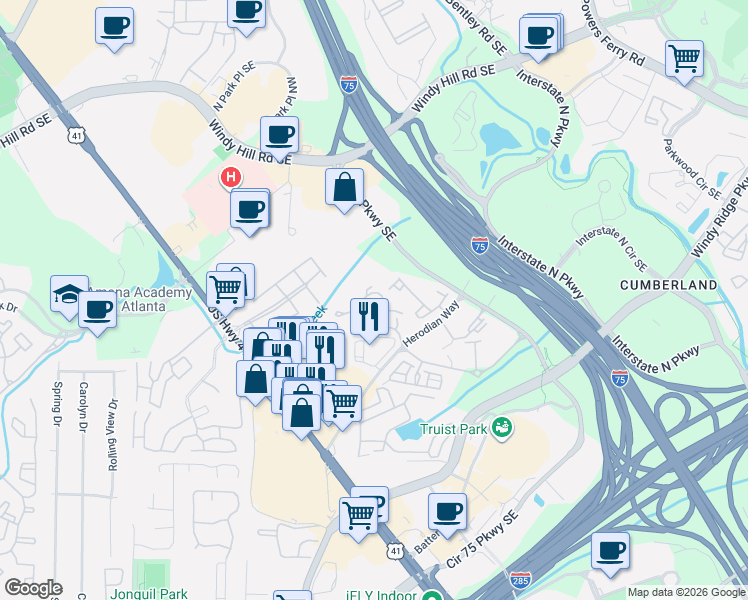 map of restaurants, bars, coffee shops, grocery stores, and more near 607 Lismore Southeast in Smyrna