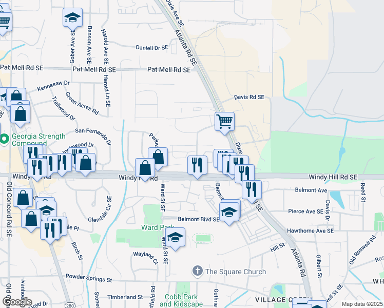 map of restaurants, bars, coffee shops, grocery stores, and more near 2350 Belmont Circle Southeast in Smyrna